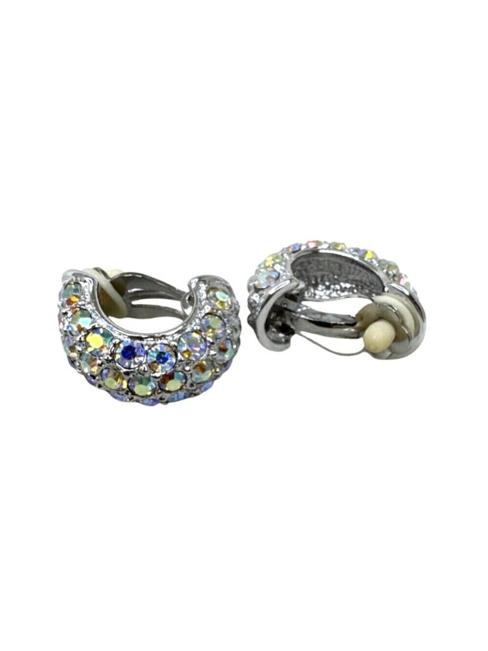 Vintage Silver-Tone Clip-On Earrings With Sparkling Aurora Borealis Rhinestones